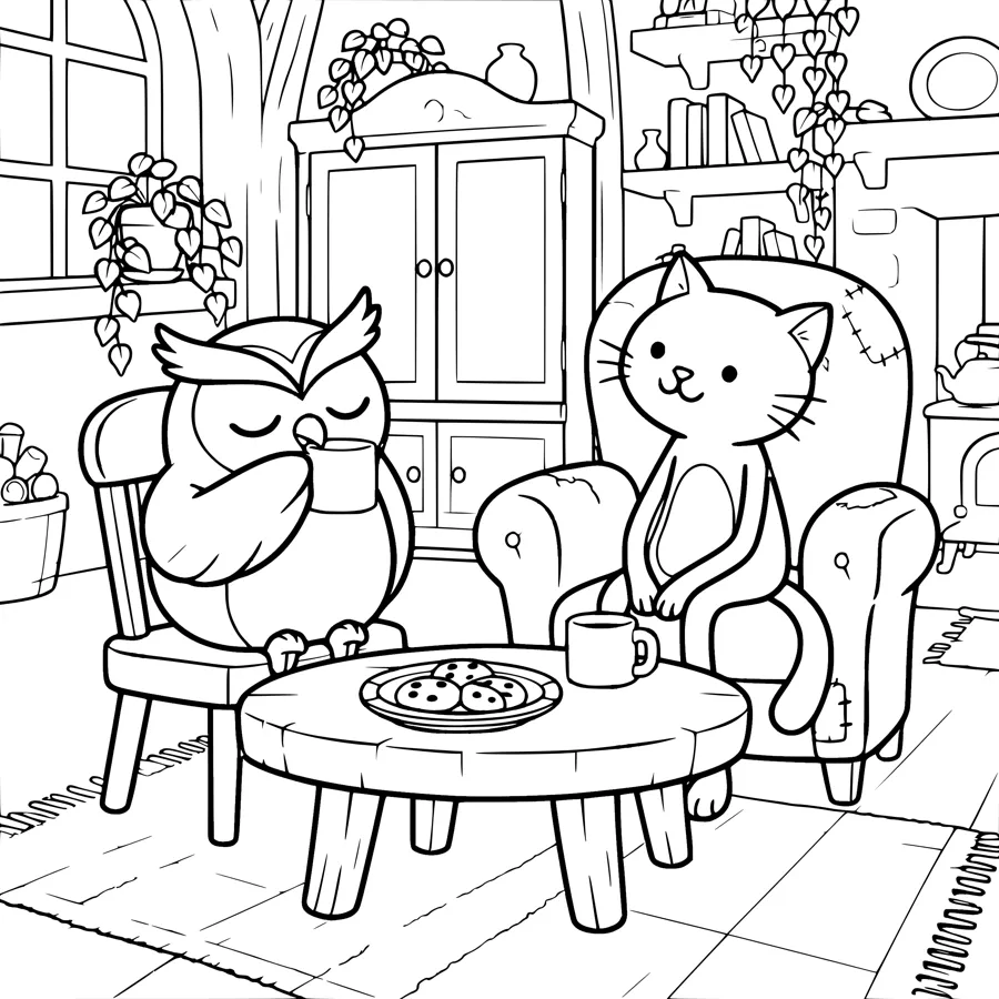 Colouring page: Hootie and Tabitha eating cookies in armchairs.