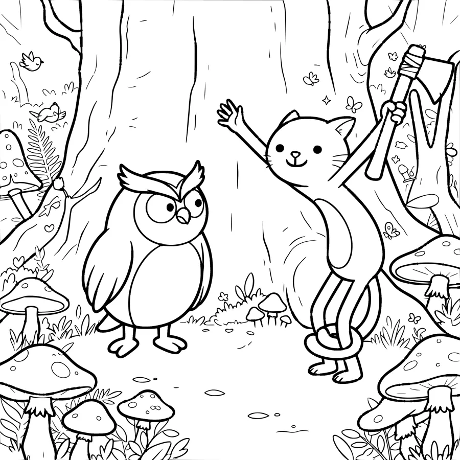Colouring page: Hootie and Tabitha meeting in the forest.